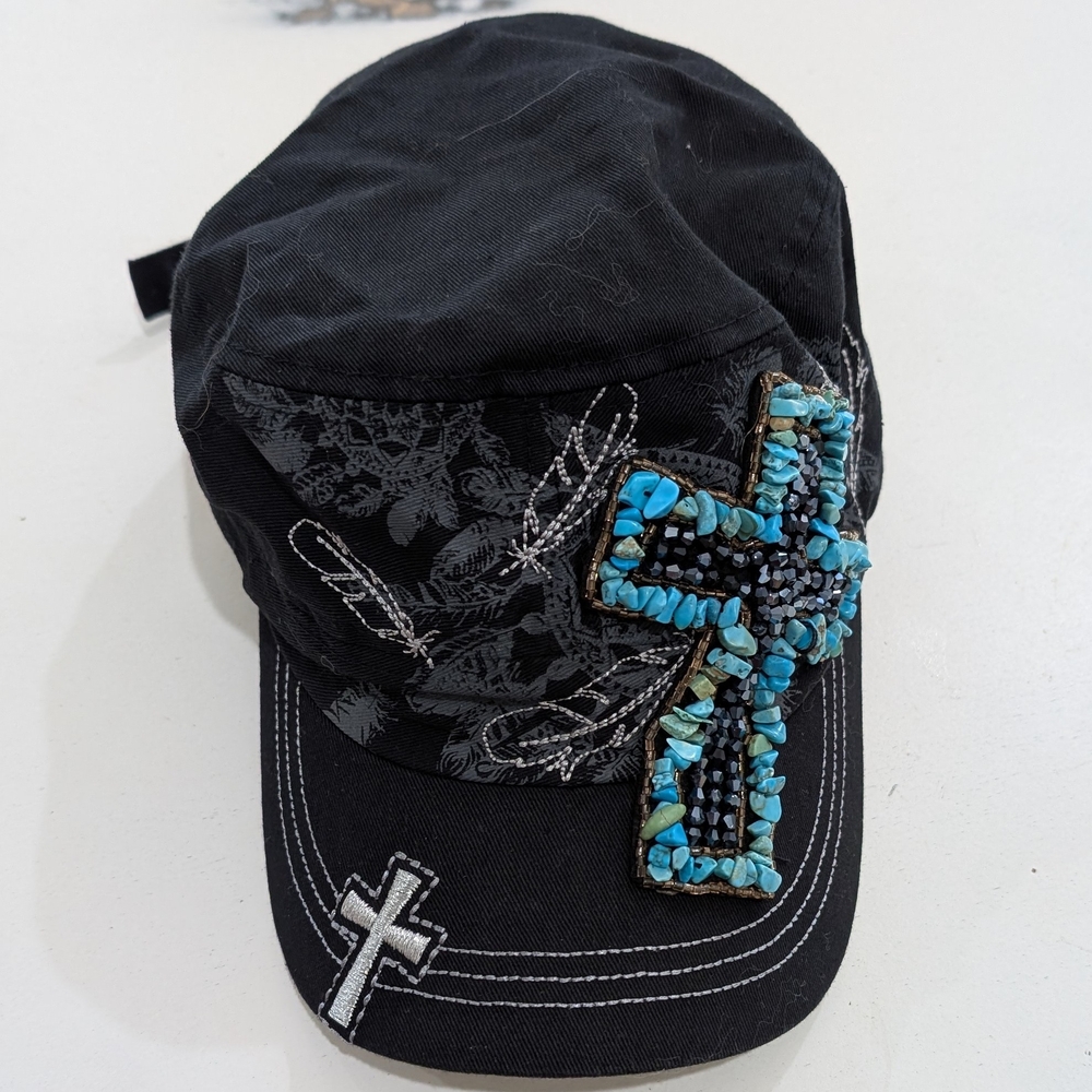 KBETHOS Black Hat with Turquoise Cross Embellishment